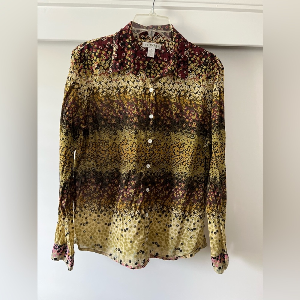 Orvis Black Brown Pink Purple Green Floral Button Down Shirt Size M